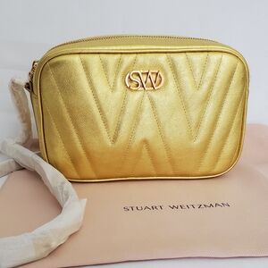 Stuart Weitzman Bag Gold Reana Quilted  Metallic Nappa Purse New in Box